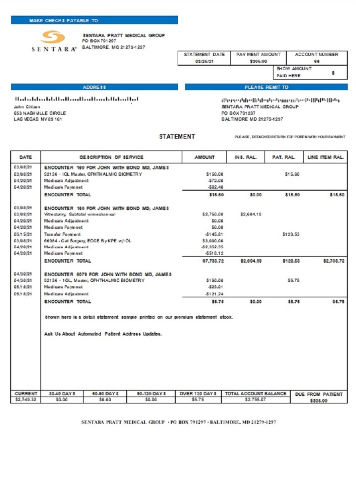 USA Sentara Pratt Medical Group billing statement